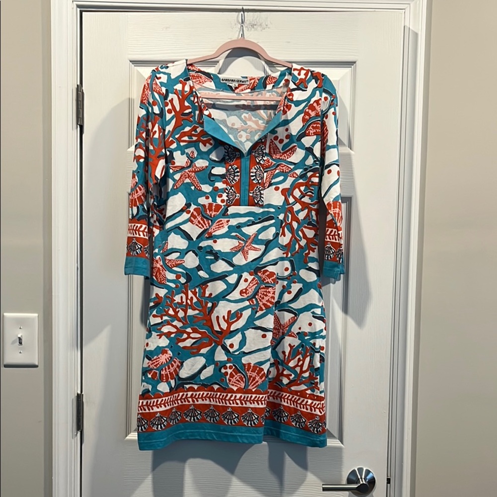 BARBARA GERWIT Blue and Orange Polo Collar Dress with 3/4 Sleeves Size M  Artsy